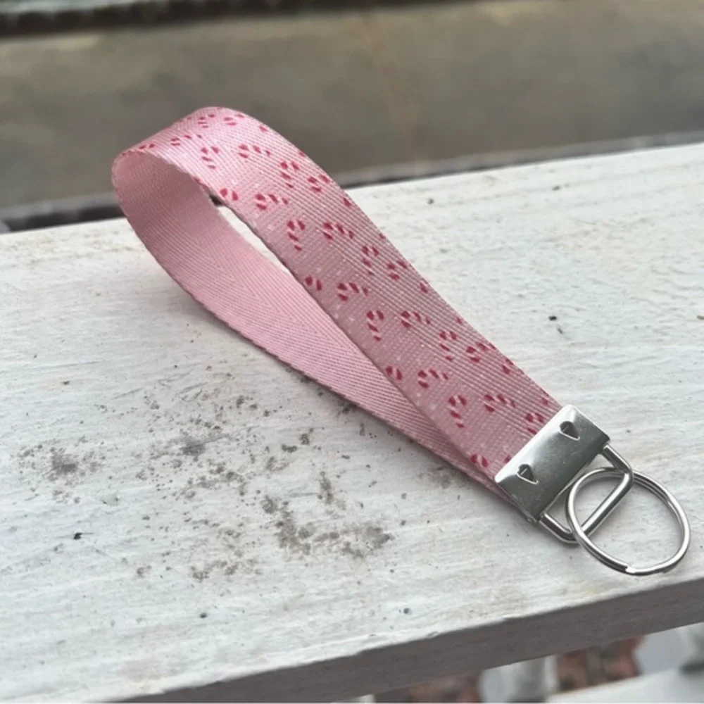 Handmade Pink Peppermint Candy Cane Keychain Wristlet